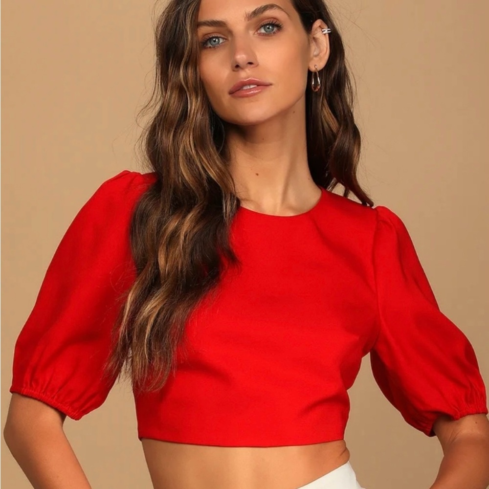**DONATED**Lulus Subtle Flirt Puff Sleeve Lace Up Crop Top in red Valentines Day